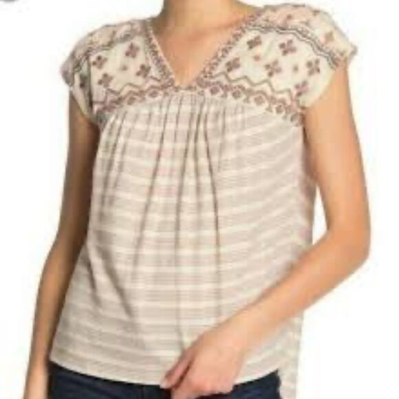 Lucky Brand Top Cream Novelty Striped Embroidered Size M - Picture 1 of 7